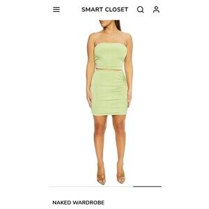 NWT Naked Wardrobe The Extra Miniskirt L Ruched Green Pull On Chic C12-1